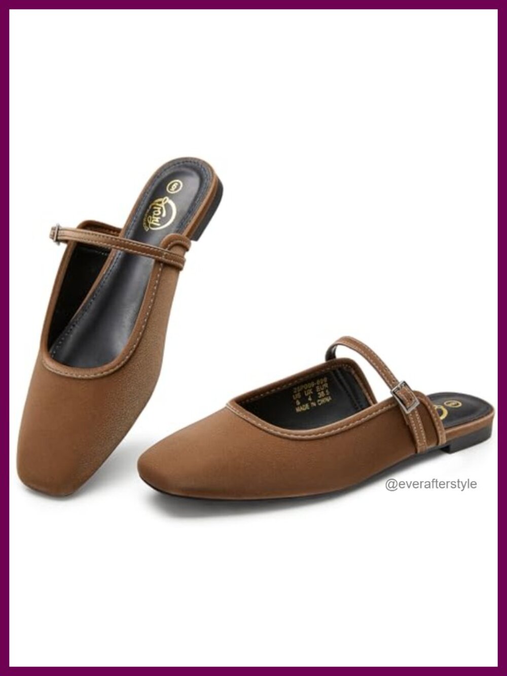 Mary Jane Mules Square Toe Adjustable Strap Flats Faux Leather